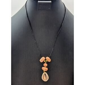 Vintage Corded Stone Bead Sea Shell 20.5" Barrel Screw Clasp Necklace